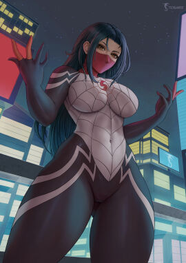 big_boobs big_breasts big_thighs breasts cindy_moon city city_background costume face_mask female huge_boobs huge_breasts looking_at_viewer looking_down looking_down_at_viewer marvel marvel_comics pose posing red_mask silk silk_(marvel) skin_tight spider-man_(series) spider_girl superheroine tiosam