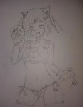 1girls artist_request breasts cat_ears cat_girl cat_tail catgirl cleavage cleavage_cutout cutout doki_doki_literature_club female female_only monochrome natsuki_(doki_doki_literature_club) navel neko sketch solo