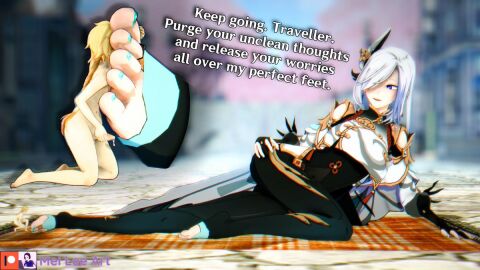 3d 3d_(artwork) aether_(genshin_impact) big_feet cum dominant_female ejaculation feet female femdom footjob genshin_impact giantess handjob koikatsu male masturbation mei_lee_art milf older_female painted_toenails shenhe_(genshin_impact) shrunken_male size_difference stirrup_legwear tagme text toejob toeless_legwear toenail_polish toes