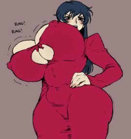 1girls 2025 big_breasts big_nipples blue_hair breasts cleavage colored_sketch dress female fujimura_shizuru hi_res high_resolution highres huge_breasts jay-marvel large_breasts long_hair massive_breasts nipple_bulge overflowing_breasts ringing_phone shinkon_gattai_godannar!! sketch small_waist solo solo_focus wide_hips