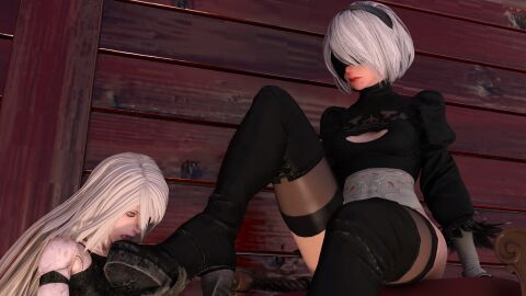 2girls 3d blindfold breasts feet female female_only foot_fetish fulakenasi giantess hairband high_heels large_female licking licking_foot light-skinned_female light_skin long_hair macro micro mini_giantess nier nier:_automata short_hair size_difference thighhighs white_hair yorha_2b yorha_a2