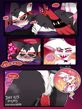 angel_dust_(hazbin_hotel) ass blush bodily_fluids breeding_kink cat_demon cum cum_in_ass cum_inside day_count duo eyebrows gay genital_fluids gold_(metal) gold_tooth hazbin_hotel heart_eyes heart_symbol hi_res holding_butt hug hugging_object hugging_pillow husk_(hazbin_hotel) male male/male one_eye_closed overstimulation pillow pink_eyes profanity smile spider_demon tears tongue watermark zu_ri0