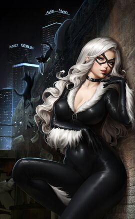 1girls artist_name aylis_nyan black_cat_(marvel) black_outfit blue_eyes bodysuit choker city_background cleavage felicia_hardy female leather_outfit light-skinned_female light_skin marvel marvel_comics skin_tight spider-man_(series) voluptuous voluptuous_female white_hair zipper_pull_tab