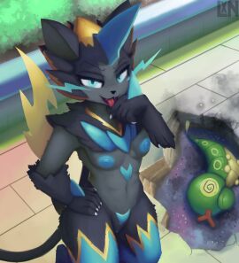 absurd_res anthro black_body black_fur blue_body blue_eyes breasts caterpie claws female fur generation_1_pokemon genitals hi_res lennoxicon looking_at_viewer mega_evolution mega_zeraora nintendo nude outside pokemon pokemon_(species) solo standing tail vulva