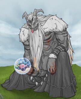 abs beaf biceps bodily_fluids brown_body chains clothed clothing cloud cum cumshot demon ejaculation facial_hair frieren_beyond_journey's_end genital_fluids genitals goatee grass hair horn humanoid inanimate_transformation ineffective_clothing long_hair magic_shield male male_only muscular obliques pecs penis petrification plant qual_(sousou_no_frieren) sky solo sousou_no_frieren surgical_suture tattoo tongue tongue_out toothy_grin topless transformation vein veiny_penis