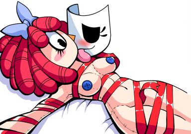 blush bondage breasts buttons doll eyelashes female gangle_(the_amazing_digital_circus) glitch_productions hair_bow hair_ornament licking looking_at_another m1nty medium_hair naked nipples plush_doll ragatha_(the_amazing_digital_circus) red_hair ribbon_bondage the_amazing_digital_circus tongue tongue_out wrapped_around_another yuri