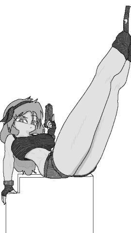 athletic athletic_female bandana breasts dragon_ball_(classic) female gloves holding_gun launch long_hair monochrome self_upload shorts sitting