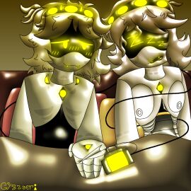 1boy 1girls 2d 4_fingers after_sex bedroom_background black_headband black_screen_on_face black_tail blush breasts cyzzaer disassembly_drone fangs_showing female glitch_productions humanoid male male/female murder_drones n_(murder_drones) nipples robot robot_boy robot_girl robot_humanoid screen_face serial_designation_n short_hair smiling smiling_at_partner staring_at_another v_(murder_drones) white_body yellow_eyes yellow_glowing_blush yellow_lights