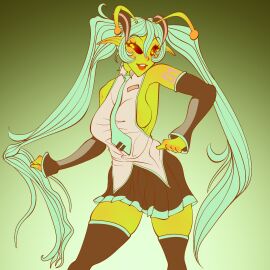 1girls alien alien_girl antennae big_breasts black_eyes blue_hair blush breast_press breasts female freckles freckles_on_face green_background green_body green_skin happy hatsune_miku hips large_breasts leanderart64 long_hair nose_blush simple_background skirt solo solo_female solo_focus thick_thighs thighhighs twintails vocaloid waist