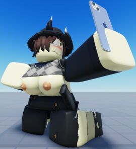 1girls 3d baseplate bloxmodeller blush breasts breasts_out brown_hair clothed commission female knife minstlu minstlu_oc n0ttter nipples original_character phone roblox roblox_avatar robloxian shirt_lift short_hair sweater sweater_lift tagme yellow_skin