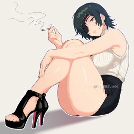2d 2d_(artwork) adult adult_female anime big_breasts black-haired_female black_hair breasts celebelian chainsaw_man cigarette clothed clothed_female eyepatch female female_focus female_only heels high_heels himeno_(chainsaw_man) light-skinned_female light_skin looking_at_viewer louboutin_(shoes) manga mature mature_female mature_woman milf red_bottom_heels sitting smoking smoking_cigarette solo solo_female solo_focus strappy_heels thick_thighs thighs