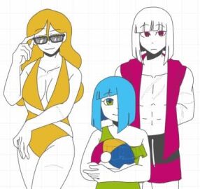 1boy 2girls agate_lightvale amber_lightvale beach_ball blue_hair clothes copper_lightvale female glasses glitchtale green_swimsuit male orange_hair orange_swimsuit smiling summer swimsuit white_background