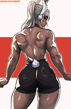 1girls 2024 2d 2d_(artwork) ass back back_muscles back_view bunny_ears color colored dark-skinned_female dark_skin female gym gym_clothes looking_at_viewer looking_back looking_over_shoulder miruko muscles muscular muscular_arms muscular_female my_hero_academia rumi_usagiyama simple_background stopu topless training white_hair