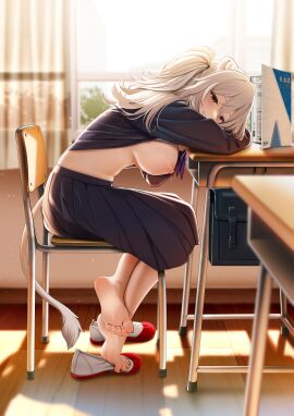 artist_name barefoot big_breasts black_nail_polish boobs breast_out breasts casino_(casinoep) classroom crossed_legs feet female foot_fetish foot_focus grey_hair hololive hololive_gen_5 hololive_japan large_breasts nail_polish sailor_uniform shishiro_botan shoes sitting smiling_at_viewer soles tail teasing toes virtual_youtuber visible_nipples