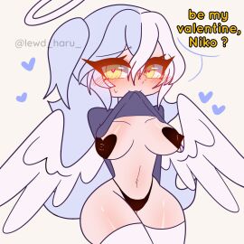 1girls angel angel_halo angel_wings big_breasts black_panties blue_hair blue_hearts blush bra breasts colored colored_hair english english_text female female_only gacha gacha_club gacha_heat gacha_life hair half_naked half_naked_female halo heart-shaped_pupils hearts_around_head hips lewd_haru_(artist) long-haired_female long_hair original_character panties shirt_in_mouth stockings tagme text wanting_sex white_background white_stockings worried yellow_eyes