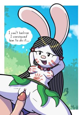 anthro breasts cloud detailed_background el_senor_erizo elinor_rabbit elinor_wonders_why english_text female forest genitals grass_skirt hair hi_res human human_on_anthro interspecies jungle lagomorph leaf_skirt leporid male male/female mammal markings nipples nude pbs penis plant pussy rabbit sex text tree tribal tribal_markings vaginal_penetration