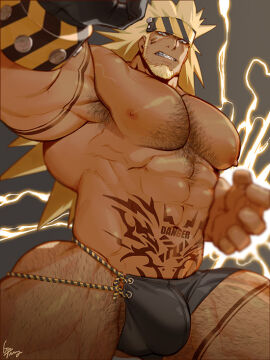 abs armpit_hair armpits bara big_muscles blonde_hair bulge character_request chest_hair copyright_request electricity facial_hair gay gomtang long_hair male male_only mature_male muscles muscular muscular_male navel pecs serratus sharp_teeth solo solo_male tattoo tattooed_male tattoos thick_thighs thunder underwear underwear_only v-line yaoi