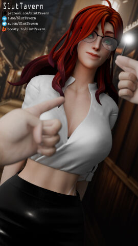 1girls arrest black_bra black_panties breasts dota dota_2 female glasses green_eyes light-skinned_female light_skin medium_breasts pencil_skirt police_car red_hair shirt sluttavern stockings windranger