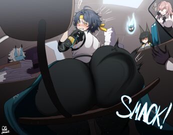 1boy 3girls asaba_harumasa ass ass_focus ass_slap big_ass big_butt blush bottom_heavy butt clothed dgdrawz fat_ass female femboy fully_clothed harassment hoshimi_miyabi huge_ass huge_butt male office pants sitting sitting_on_chair soukaku_(zenless_zone_zero) thick_thighs thighs thighs_together tsukishiro_yanagi twink zenless_zone_zero