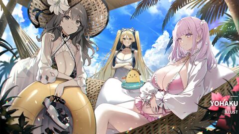 3girls azur_lane bikini bird black_bikini blonde_hair blue_sky breasts cg charybdis_(azur_lane) charybdis_(prism_sea_breeze)_(azur_lane) cleavage closed_mouth cloud cloudy_sky copyright_name day dress female flower food frills green_eyes grey_eyes grey_hair hair_flower hair_ornament hat hat_flower holding hornet_(azur_lane) hornet_ii_(azur_lane) hornet_ii_(racing_across_the_waves!)_(azur_lane) huge_breasts innertube large_breasts long_hair long_sleeves looking_at_viewer manjuu_(azur_lane) multiple_females multiple_girls official_alternate_costume official_art outdoors palm_leaf palm_tree pink_bikini pink_eyes pink_hair plymouth_(azur_lane) plymouth_(heart-throbbing_refreshment)_(azur_lane) purple_eyes sandals see-through sitting sky smile straw_hat sun_hat swim_ring swimsuit tongue tongue_out tree twintails white_dress