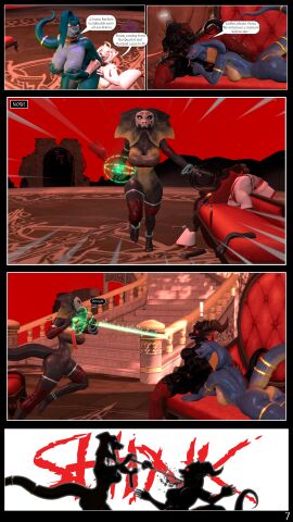 3d absurd_res action_scene animal_humanoid anthro ass bodily_fluids breasts canid canine clothed clothing comic comic_panel digital_media_(artwork) dragon dragon_humanoid english_text female female/female frill_(anatomy) genitals group hair head_crest head_frill hi_res humanoid kala_(petruz) lizard mammal maristela_(petruz) motion_lines mythological_creature mythological_scalie mythology nipples non-mammal_breasts nude petruz_(copyright) pussy reptile scalie source_filmmaker_(artwork) speech_bubble tail text tongue verbalblade violence