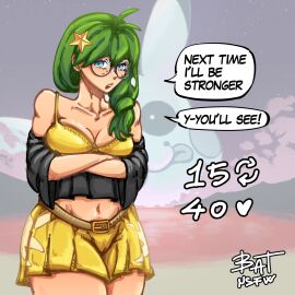 1girls batnsfw belly blue_eyes bra breast_grab breasts collarbone fangame fangame_character female female_only glasses green_hair highres ivy_(pokerogue) neon_genesis_evangelion pokemon pokemon_fangame pokerogue shy thighs twitter_strip_game_(meme) undressing undressing_self