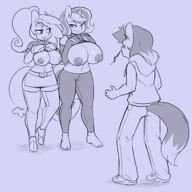 1:1 2014 anthro barefoot big_breasts biped black_and_grey bodily_fluids breasts chromapan clothed clothing clothing_lift digital_drawing_(artwork) digital_media_(artwork) dipstick_tail equid equine feet female female_anthro flashing flashing_breasts friendship_is_magic group hasbro hatching_(art) hi_res horn horse light_shine_(solratic) lilith_(zajice) male male_anthro mammal mango_(3mangos) mango_(character) markings monochrome my_little_pony mythological_creature mythological_equine mythology nipples nosebleed original original_character original_characters plantigrade pony shaded shirt shirt_lift standing tail tail_markings topwear trio unicorn