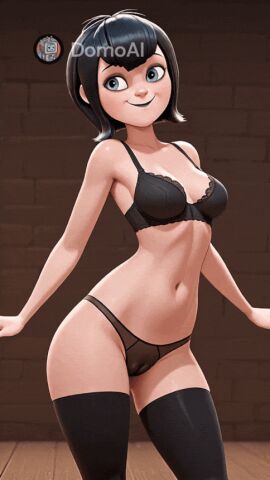 ai_animation ai_generated animated animation black_hair blue_eyes bra cameltoe dance dancing goth goth_girl gothic_girl hotel_transylvania lingerie mavis_dracula panties short_hair smile smiley_face stockings striptease