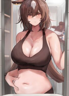 2girls being_watched big_breasts blush bra brown_hair cleavage embarrassed female female_only horse_ears horse_tail inaba_(usanopo) long_hair mirror mirror_reflection plump red_eyes sirius_symboli_(umamusume) solo_focus sports_bra sweatdrop tokai_teio_(umamusume) two-tone_hair umamusume umamusume_pretty_derby weight_gain