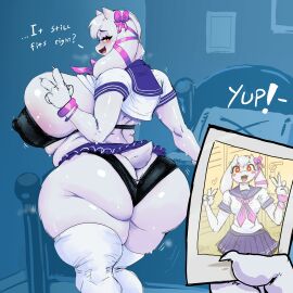 1:1 2024 absurd_res anthro asgore_dreemurr ass bed big_breasts blush boss_monster_(undertale) bovid bra breasts caprine clothing double_v_sign duo english_text female fingers fur furniture gausscannon gesture goat hand_gesture hi_res holding_photo huge_breasts mammal mostly_offscreen_character open_mouth photo pillow red_eyes scut_tail short_tail tail text tongue toriel undertale undertale_(series) underwear v_sign white_body white_fur