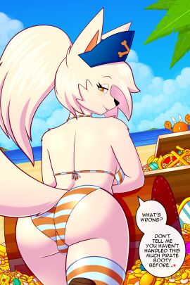 1girls anthro ass ass_focus back back_view backboob beach bent_over bikini breasts commission crab ears english_text female furry furry_only galajo gluteal_fold gold_(metal) large_ass leaning_forward looking_at_viewer looking_back matachu nice_ass ocean original original_character outdoors pirate_hat ponytail red_eyes smile spoken_heart striped_bikini tail talking_to_viewer text_bubble thick_ass thick_thighs thighhighs thighs treasure treasure_chest two-piece_swimsuit white_body white_fur white_hair wolf wolf_girl wolf_humanoid