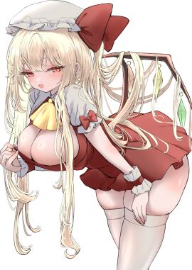aged_up bent_over blonde_hair blush boob_window breasts female flandre_scarlet large_breasts long_hair mikan_(manmarumikan) naughty_face teasing thick_thighs thighhighs touhou
