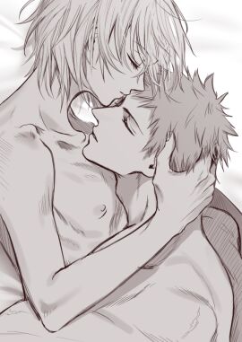 2boys after_sex bangs closed_eyes cute femboy forehead_kiss gay hair_grab hugging kudou_(my_hero_academia) long_eyelashes male male/male male_only monochrome muscular muscular_male my_hero_academia no_explicit no_sex nudity on_bed red_hair sheets short-haired_male short_hair sketch sleeping smaller_male spooning tank_top thin_male twink white_hair wholesome yaoi yoichi_shigaraki