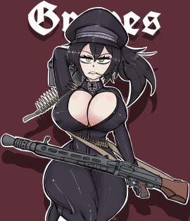1girls ammo_belt ammo_box ammunition big_breasts boob_window breasts bullet bullets cigarette dark_hair female firearm german gun hat huge_breasts light-skinned_female light_skin machine_gun mg42 milf military_uniform mother_(the_coffin_of_andy_and_leyley) nazi nazi_uniform nipple_bulge pinup ponytail renee_graves rose_dax smoke smoking solo solo_female solo_focus text the_coffin_of_andy_and_leyley thick_thighs thunder_thighs tight_clothing venus_body voluptuous voluptuous_female weapon wide_hips world_war_2 ww2 yellow_eyes