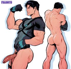 1boy artist_name ass back_view balls batman_(series) big_penis black_hair bottomless caucasian dark_hair dc dc_comics dick_grayson foreskin gloves male male_focus male_only muscular muscular_male nightwing partially_retracted_foreskin penis phausto pubic_hair retracted_foreskin solo solo_focus solo_male uncircumcised veiny_penis white_background