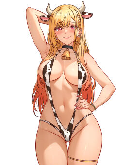 absurdres animal_ears animal_print arm_behind_head armpits bead_bracelet beads bell bell_collar black_choker blonde_hair blush bracelet breasts cetta_(cettadvd) choker cleavage collar cow_ears cow_horns cow_print cowbell deep_cleavage ear_piercing earrings fake_animal_ears fake_horns female female_only fully_clothed furrowed_brow gluteal_fold gyaru hair_between_eyes hand_on_own_hip highres horns jewelry kitagawa_marin large_breasts long_hair looking_at_viewer nail_polish navel o-ring painted_nails piercing pink_nails print_swimsuit red_eyes revealing_clothes sideboob skimpy skimpy_clothes slingshot_swimsuit smile solo sono_bisque_doll_wa_koi_wo_suru swimsuit thigh_gap thighlet thighs white_background