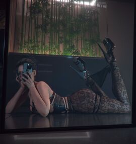 1girls 3d big_ass black_nails brown_skin checkpik cyberpunk_(series) cyberpunk_2077 female high_heels lingerie lying_down lying_on_stomach panam_palmer phone selfie solo solo_female stockings tagme