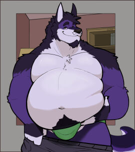 2025 anthro arm_tuft bara belly belly_hair belly_lift biceps big_belly body_hair book bookshelf border bottomwear bottomwear_down briefs bulge chest_hair chest_tuft clothed clothing deltoids elbow_tuft facial_hair front_view furniture goatee green_briefs green_clothing green_underwear grey_border grin hand_on_belly inside izanagiroo_(character) kangaroo kyutka3 looking_at_viewer macropod male mammal marsupial masculine_male musclegut muscular muscular_arms navel neck_tuft overweight pants pants_down partially_clothed pecs shoulder_tuft sideburns smile solo tuft underwear yaoi