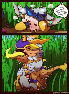 all_fours anal anal_sex animal_genitalia animal_penis anthro ass blush bodily_fluids bottomless claws clothed clothing cum cum_in_ass cum_inside dialogue digital_media_(artwork) doggy_style duo english_text erection eyewear eyewear_on_head feral from_behind_position fur genital_fluids genitals gnar_(lol) hi_res horn kog'maw kog'maw_(lol) league_of_legends male male/male male_penetrated male_penetrating male_penetrating_male nude open_mouth penetration penis riot_games sex tail text tongue tongue_out topwear veigar vitrex yordle zap'maw