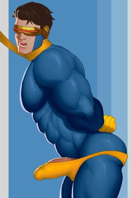 1boy balls bara bulge bulge_through_clothing clothing cyclops_(x-men) erection_under_clothes male male_only marvel marvel_comics muscular muscular_male nate_m_evans penis penis_outline scott_summers solo tight_clothing uncensored x-men yaoi