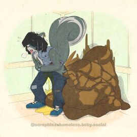 absurd_res alternative_fashion anthro bodily_fluids clothed clothing elevator excessive_feces feces feces_pile fully_clothed genital_fluids hi_res hyper hyper_feces hyper_scat male male_only mammal mephitid peeing punk relieved scat seraphina_shameless skunk slim soiling soiling_underwear solo solo_focus urine watersports wetting wetting_bottomwear