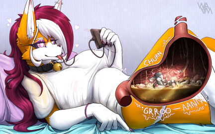 ada_(allsonwa) allsonwa anthro big_breasts bodily_fluids bone bones_in_stomach breasts canid canine clothing digestion duo endoscope endoscopy extreme_size_difference female fox fur hard_vore hi_res inside_stomach internal lying male male/female mammal micro mouse murid murine nipples on_back oral_vore orange_body orange_fur pillow rodent shirt simple_background size_difference stomach_acid stomach_bulge tongue tongue_out topwear vore white_body white_fur