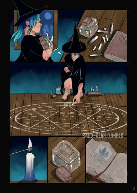 blue_eyes blue_hair comic comic_page damien_rouge femboy gay glasses light-skinned_femboy light_skin male male_witch piercing summoning summoning_circle tentacle witch witch_hat