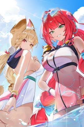 2girls absurdres alice_thymefield alice_thymefield_(sea_of_thyme) animal_ears ass back bare_shoulders blonde_hair braid breasts chowol cleavage closed_mouth day eyewear_on_head from_behind frown green_eyes grin hair_ornament hand_on_own_chest heart heart-shaped_eyewear heterochromia highres hood hood_down kamanosuke_(zenless_zone_zero) large_breasts long_hair looking_at_viewer multiple_girls one-piece_swimsuit outdoors pink_one-piece_swimsuit rabbit_ears red_eyes red_hair smile sphere_hair_ornament sunglasses swimsuit twin_braids twintails ukinami_yuzuha ukinami_yuzuha_(tanuki_in_broad_daylight) v-shaped_eyebrows very_long_hair wading watch white_one-piece_swimsuit wristwatch yellow_eyes zenless_zone_zero