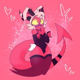 1boy bowtie bulge clothed femboy fishnets gay helluva_boss imp male moxxie_(helluva_boss) prince_papaya solo tagme