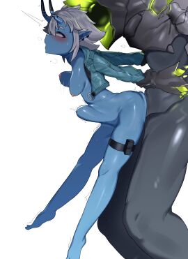 1boy 1girls blue_body blue_skin blush bottomless bouncing_breasts breasts demon demon_girl demon_horns duo ethereal_(zenless_zone_zero) female female_penetrated hoyoverse jacket jacket_only male medium_breasts monster monster_girl monster_sex nipples oni oni_female oni_horns open_jacket penis penis_in_pussy pointy_ears pussy sex short_hair soukaku_(zenless_zone_zero) stomach_bulge stomach_deformation suspended tetsu_chokoreto vaginal vaginal_penetration vaginal_sex white_hair zenless_zone_zero