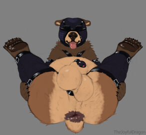 anatomically_correct anatomically_correct_genitalia anatomically_correct_penis animal_genitalia animal_penis anus aroused ass ass_focus backsack balls ballsack bear belly big_ass big_balls big_butt big_penis_in_chastity blindfold bondage bondage_gear bound brown_bear chastity_cage chastity_device clothing feet feral front_view fur genitals grizzly_bear hair harness headgear headwear hi_res holding_both_legs holding_legs_up inviting kuruk_(character) leather leather_clothing leather_harness leather_headgear leather_headwear leather_legwear legs_up legwear lying male mammal mane mane_hair monochrome on_back open_mouth overweight paws penis penis_tip perineum phallic_chastity_device plantigrade presenting presenting_hindquarters quadruped sensory_deprivation sensory_deprivation_hood sheath sheath_cage solo spread_legs spreading tail thejoyfuldragon third-party_edit tongue tongue_out ursine ursine_genitalia ursine_penis wide_open
