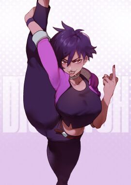 1girls 2d big_breasts big_thighs black_hair breasts busty cigarette cigarette_in_mouth clothed clothed_female courtney_(dispatch) crop curvaceous curvaceous_female curvy curvy_female dispatch_(game) female female_only flipping_off flipping_viewer_off hi_res high_collar highres huge_breasts huge_thighs invisigal middle_finger nose_piercing solo solo_female standing standing_on_one_leg standing_split tagme teasing thiccwithaq thick_hips thick_legs thick_thighs thighs tongue tongue_out tongue_piercing voluptuous voluptuous_female wide_hips