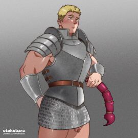 1boy armor bara belt blonde_hair blush chainmail dungeon_meshi foreskin highres laios_touden male male_focus male_only medieval_armour muscular muscular_male naked_armor otokobara pectorals penis penis_peek penis_under_skirt plate_armor short_hair sidepec solo solo_male thick_eyebrows thighs uncircumcised uncut yaoi