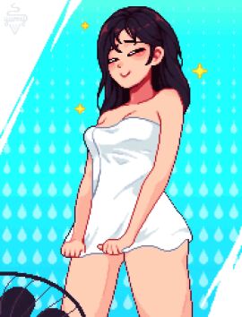 1girls animated artist_self-insert bath_towel cooling_off drying drying_pussy drying_themselves electric_fan fan fanning_crotch fanning_self female hair_down just_showered pixel_animation pixel_art pleasure_face pussy solo_focus stars towel_only yumy_(yumyverse) yumykon yumyverse
